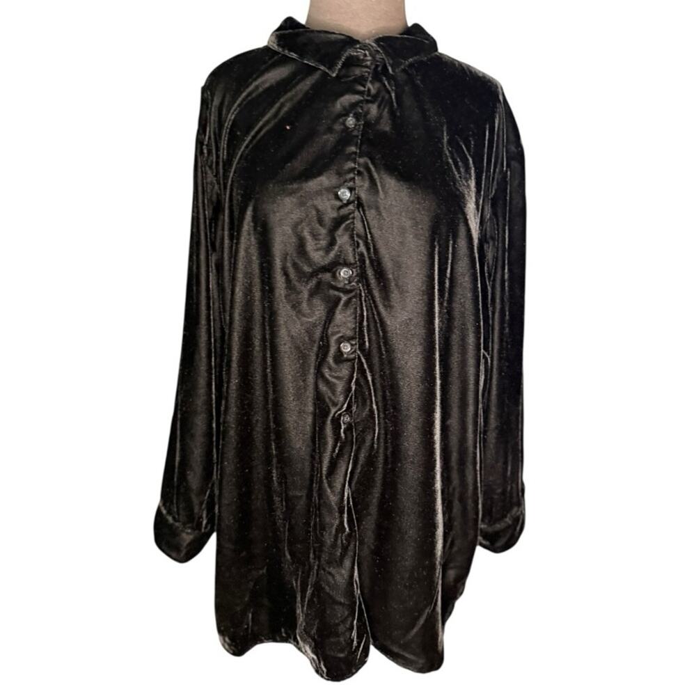 Y2K Coldwater Creek Black Stretch Velvet Button Front Shirt Womens Size 3X Boho